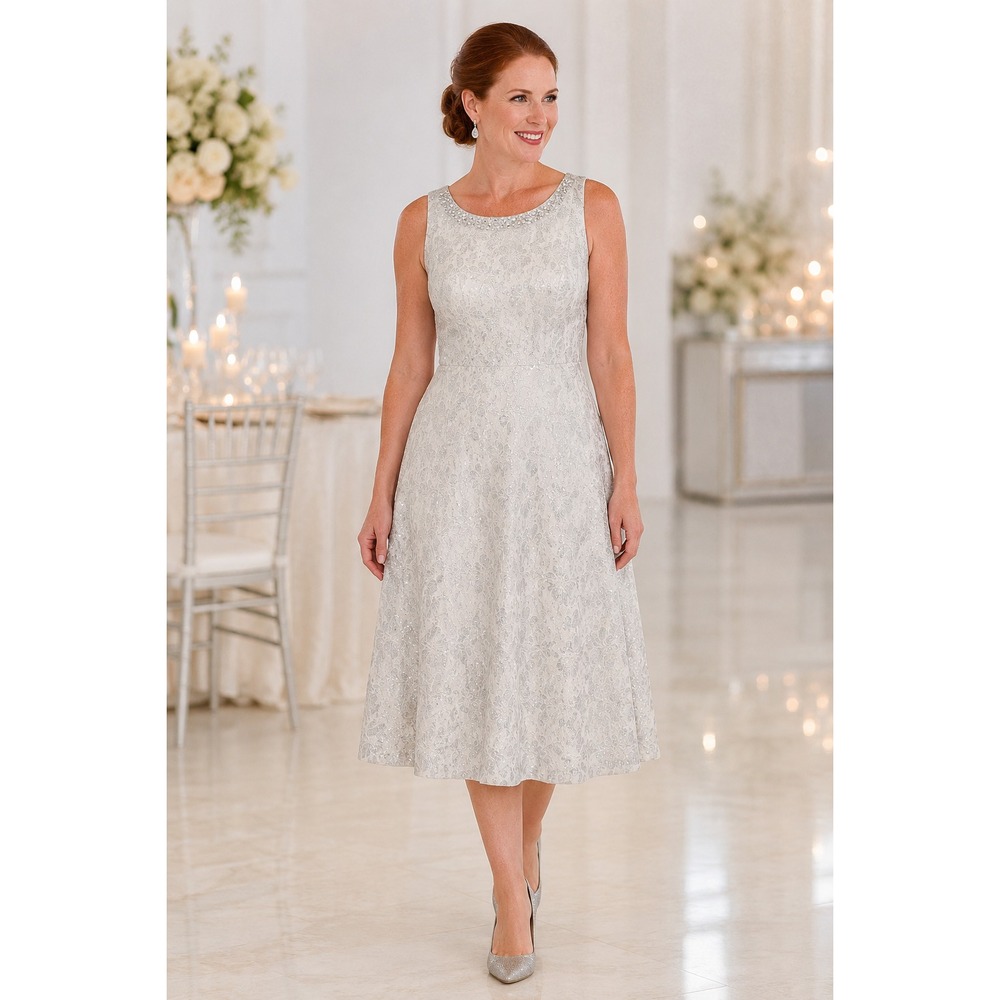 Wedding Quinceanera Party Elegant Holiday White Silver Rhinestones Midi Dress